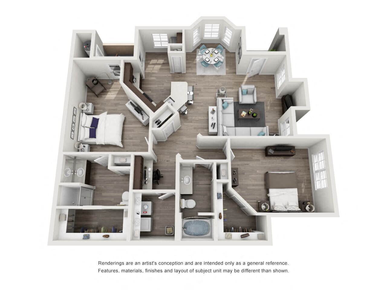 Floor plan for 2 beds, 2 baths, 1225 sqft